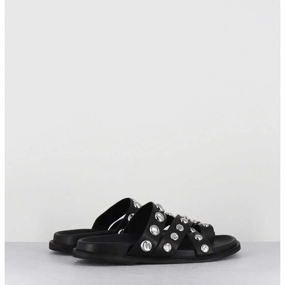 Mules Plates Entre-Doigts En Cuir Noir & Rivets Argent - Kero Tuffato Nero
