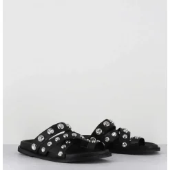 Mules Plates Entre-Doigts En Cuir Noir & Rivets Argent - Kero Tuffato Nero