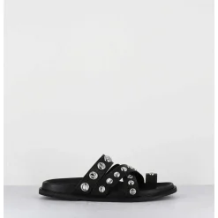 Mules Plates Entre-Doigts En Cuir Noir & Rivets Argent - Kero Tuffato Nero