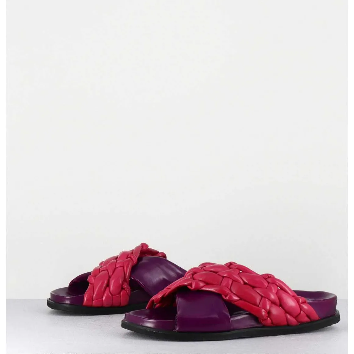 Mules Plates Tresse Bicolore Cuir Souple Violet Rose - Micha Intreccio Multi