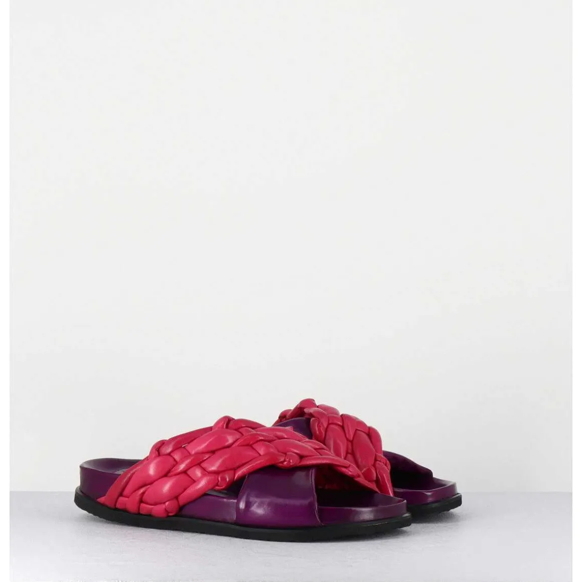 Mules Plates Tresse Bicolore Cuir Souple Violet Rose - Micha Intreccio Multi