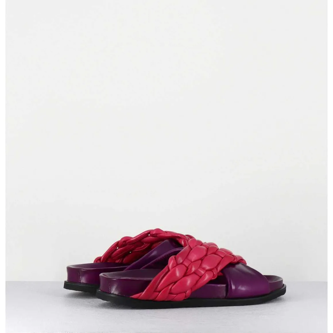 Mules Plates Tresse Bicolore Cuir Souple Violet Rose - Micha Intreccio Multi