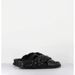 Mules Plates Tresse Bicolore Cuir Souple Noir - Micha Intreccio Black