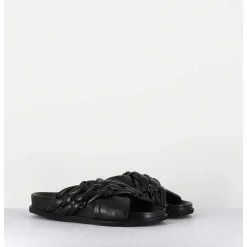 Mules Plates Tresse Bicolore Cuir Souple Noir - Micha Intreccio Black