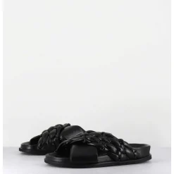 Mules Plates Tresse Bicolore Cuir Souple Noir - Micha Intreccio Black