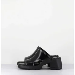 Mules 90S Cuir Noir & Surpiqures Blanches - Tawny Black Mules
