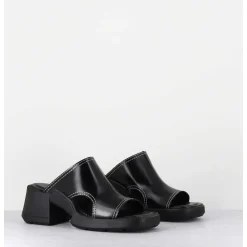 Mules 90S Cuir Noir & Surpiqures Blanches - Tawny Black Mules