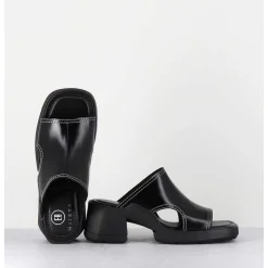 Mules 90S Cuir Noir & Surpiqures Blanches - Tawny Black Mules