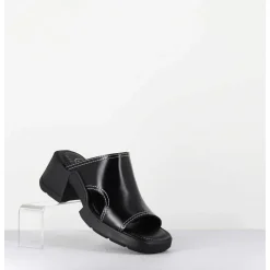Mules 90S Cuir Noir & Surpiqures Blanches - Tawny Black Mules