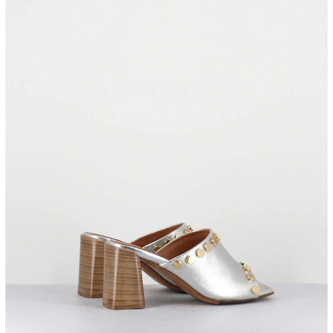 Mules Talon Haut Cuir Argent & Rivets Dores - 5317B Moon Silver