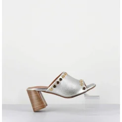 Mules Talon Haut Cuir Argent & Rivets Dores - 5317B Moon Silver