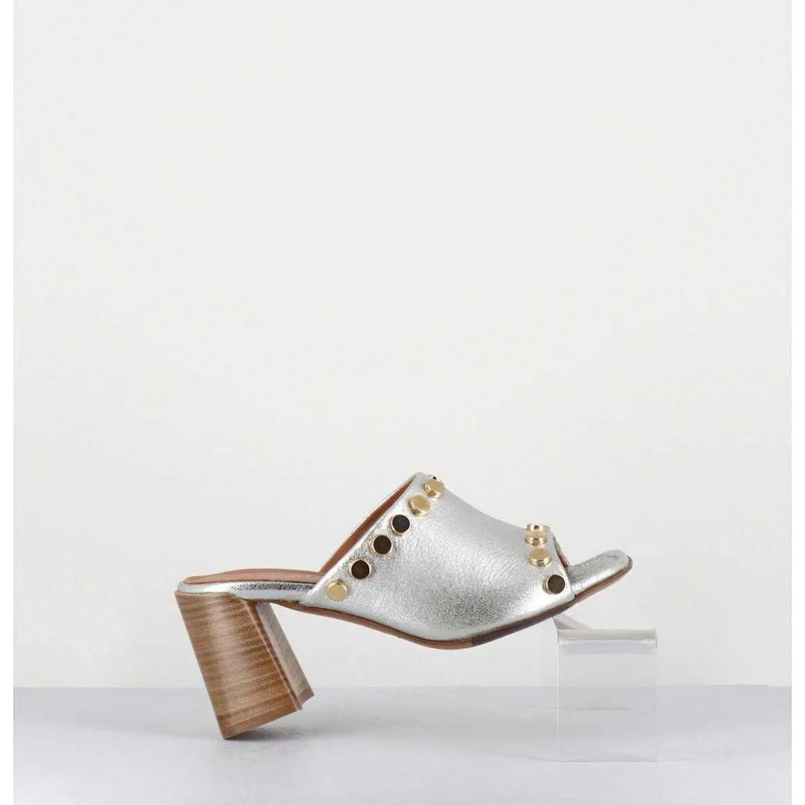 Mules Talon Haut Cuir Argent & Rivets Dores - 5317B Moon Silver