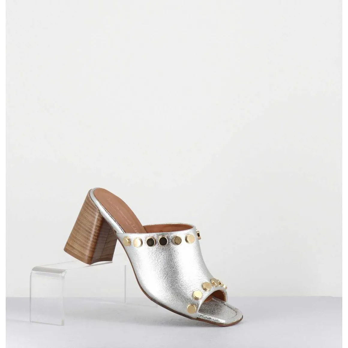 Mules Talon Haut Cuir Argent & Rivets Dores - 5317B Moon Silver