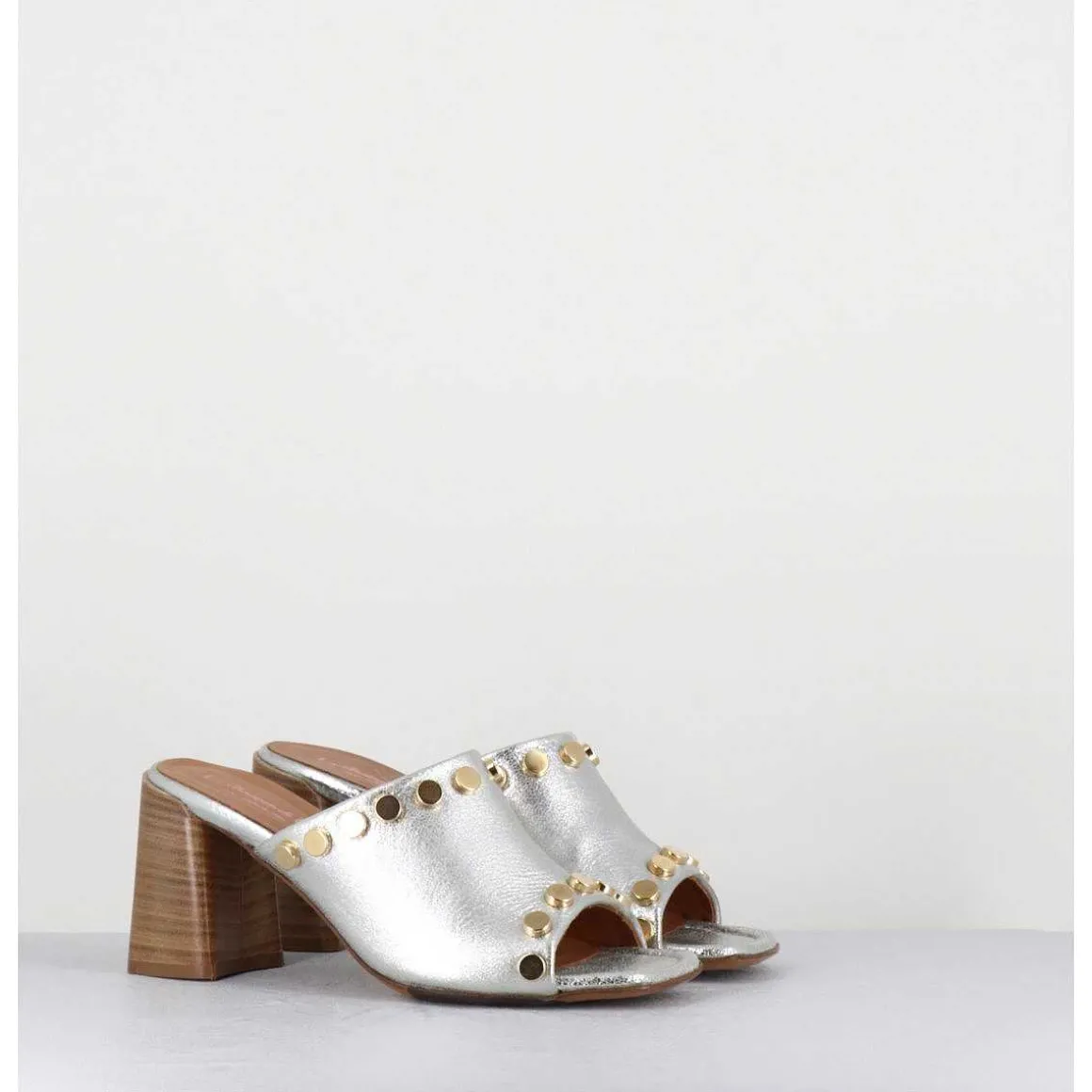 Mules Talon Haut Cuir Argent & Rivets Dores - 5317B Moon Silver