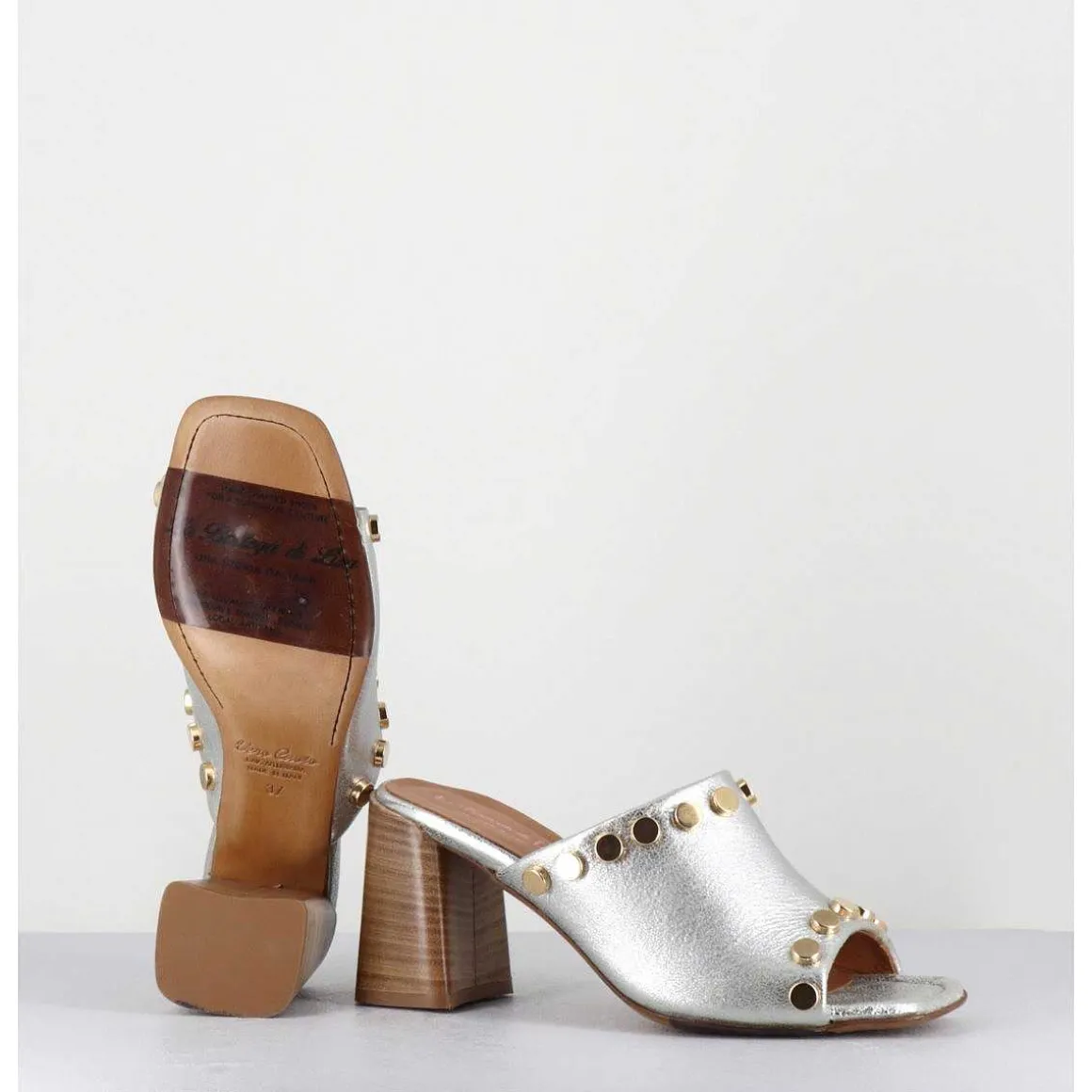 Mules Talon Haut Cuir Argent & Rivets Dores - 5317B Moon Silver