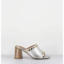 Mules Talon Haut Cuir Argent & Rivets Dores - 5317B Moon Silver
