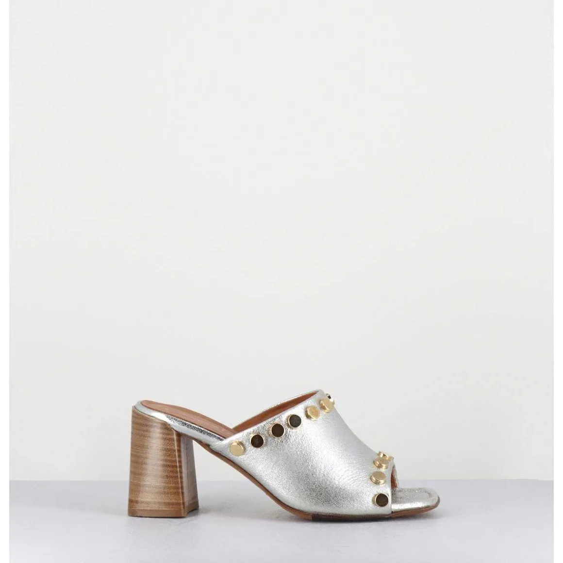 Mules Talon Haut Cuir Argent & Rivets Dores - 5317B Moon Silver