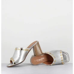 Mules Talon Haut Cuir Argent & Rivets Dores - 5317B Moon Silver