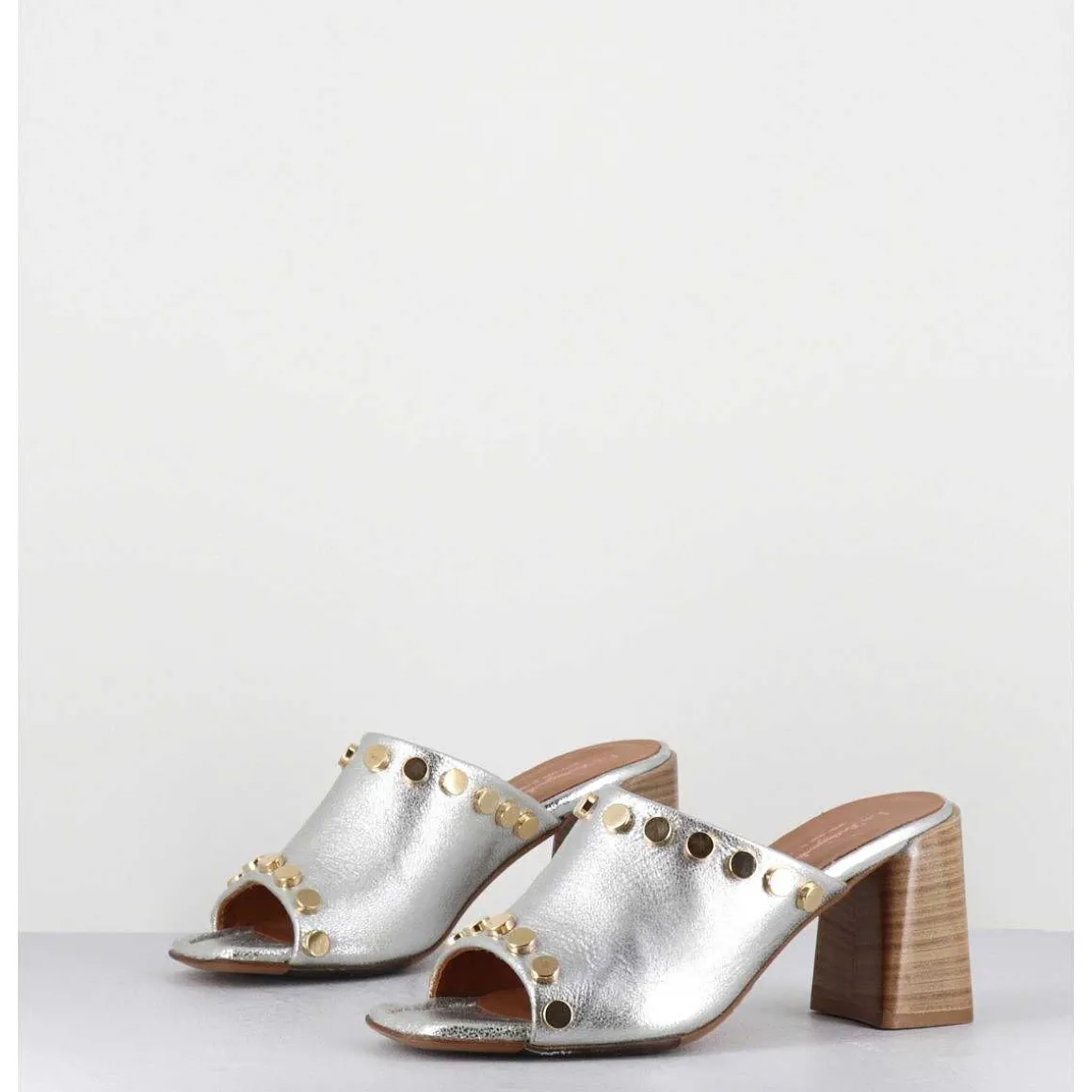 Mules Talon Haut Cuir Argent & Rivets Dores - 5317B Moon Silver