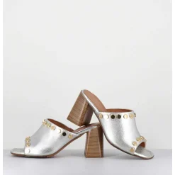 Mules Talon Haut Cuir Argent & Rivets Dores - 5317B Moon Silver