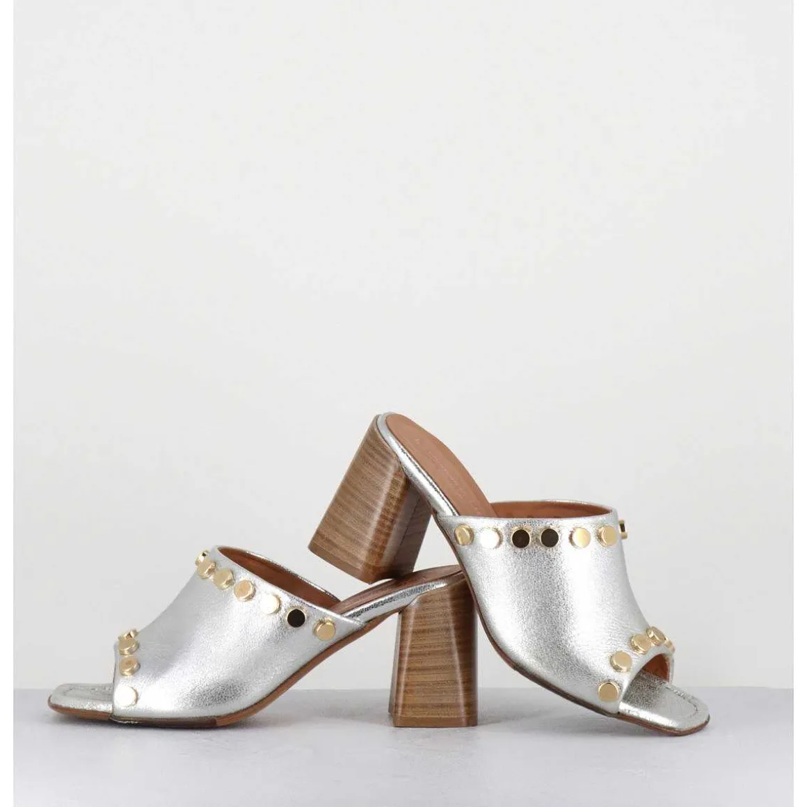Mules Talon Haut Cuir Argent & Rivets Dores - 5317B Moon Silver