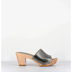 Mules-Sabots A Talon En Cuir Metallise Argente - 455-047 Old Metal