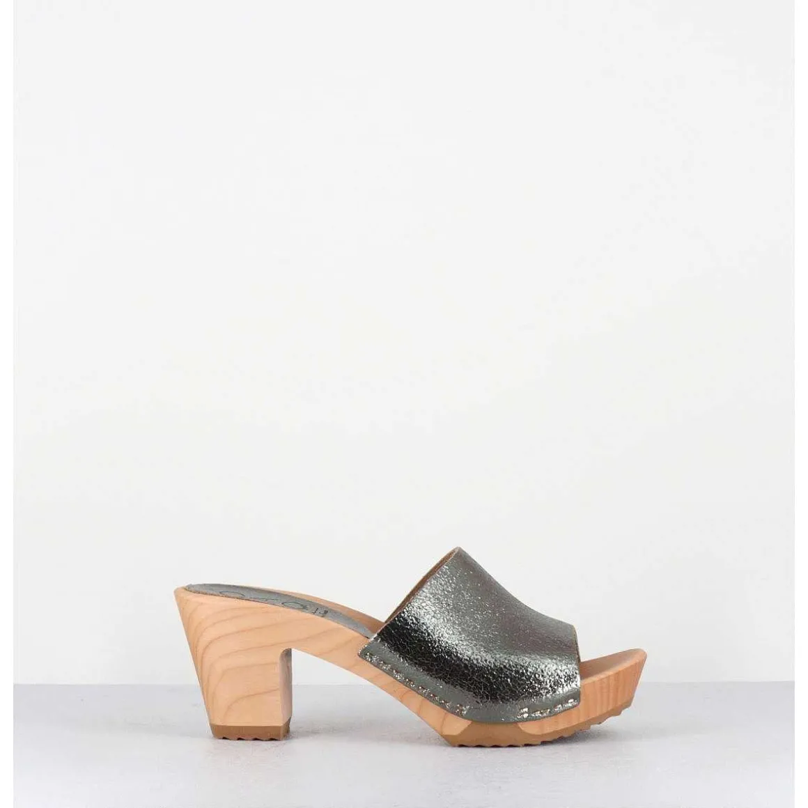 Mules-Sabots A Talon En Cuir Metallise Argente - 455-047 Old Metal
