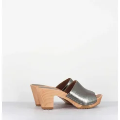 Mules-Sabots A Talon En Cuir Metallise Argente - 455-047 Old Metal