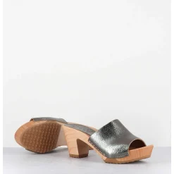Mules-Sabots A Talon En Cuir Metallise Argente - 455-047 Old Metal