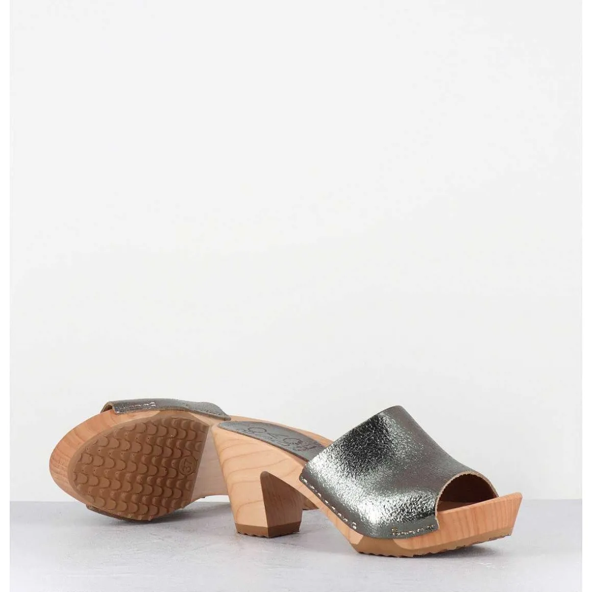 Mules-Sabots A Talon En Cuir Metallise Argente - 455-047 Old Metal