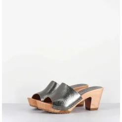 Mules-Sabots A Talon En Cuir Metallise Argente - 455-047 Old Metal