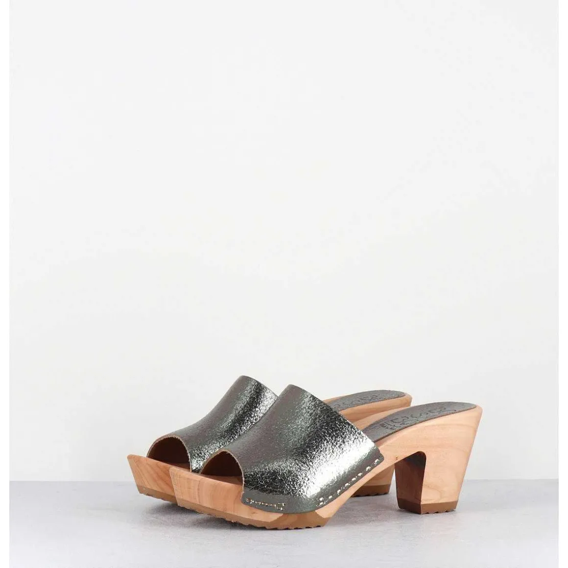 Mules-Sabots A Talon En Cuir Metallise Argente - 455-047 Old Metal