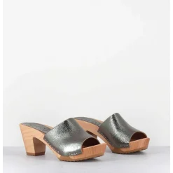 Mules-Sabots A Talon En Cuir Metallise Argente - 455-047 Old Metal