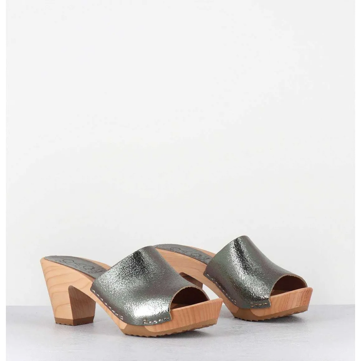 Mules-Sabots A Talon En Cuir Metallise Argente - 455-047 Old Metal