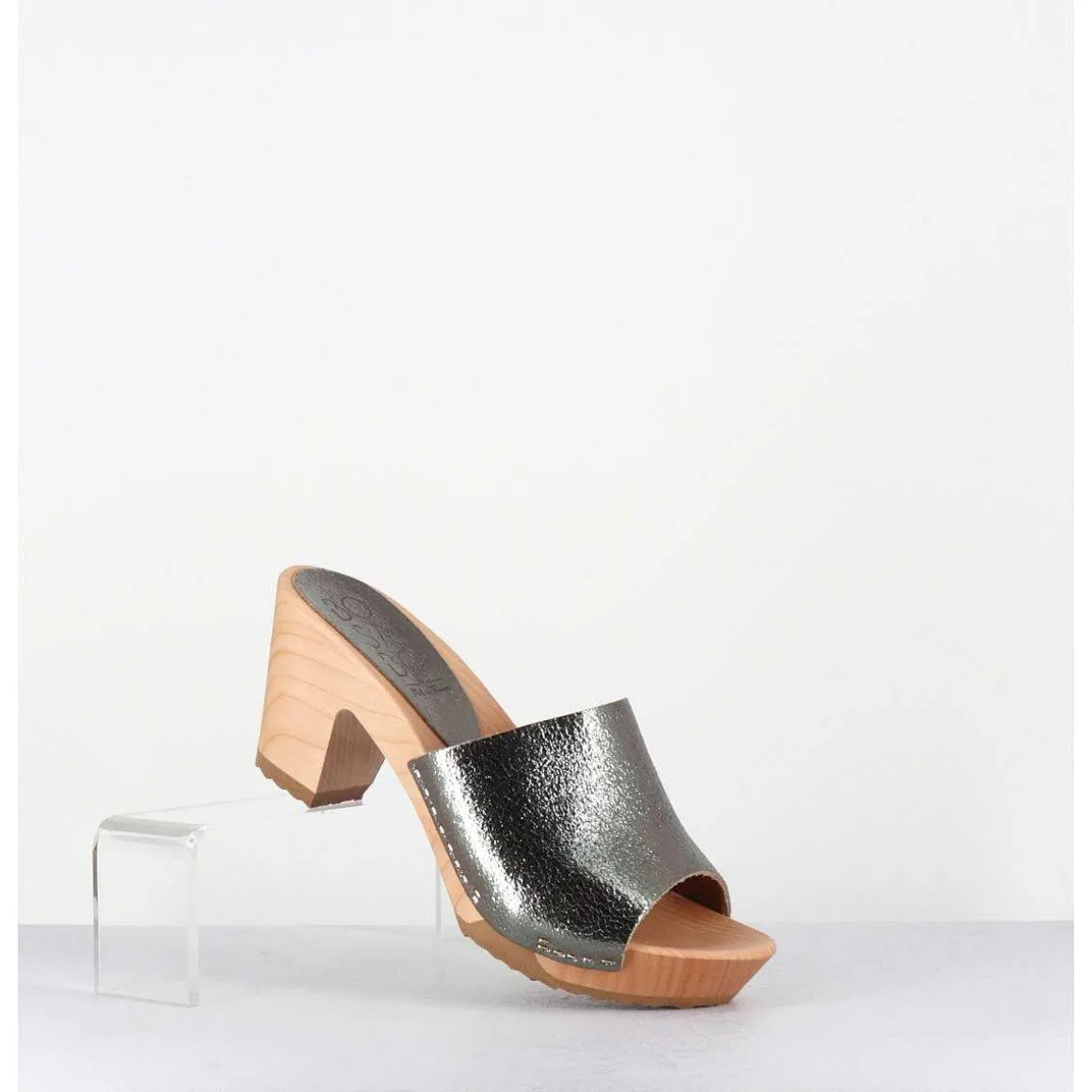 Mules-Sabots A Talon En Cuir Metallise Argente - 455-047 Old Metal