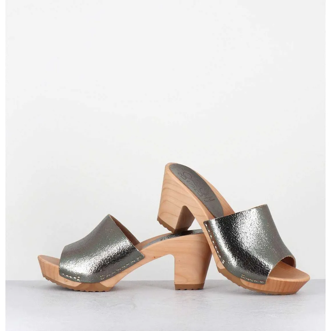 Mules-Sabots A Talon En Cuir Metallise Argente - 455-047 Old Metal