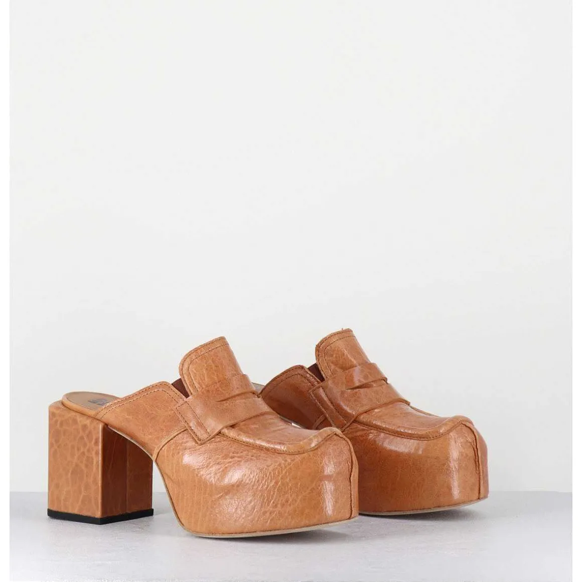 Sabots A Plateforme En Cuir Camel - 1Gs448 Naplak Croccantino