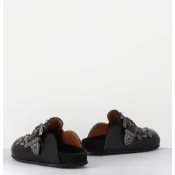 Sabots Plats En Cuir Noir Ornees De Pierres - 3602Mod Nero