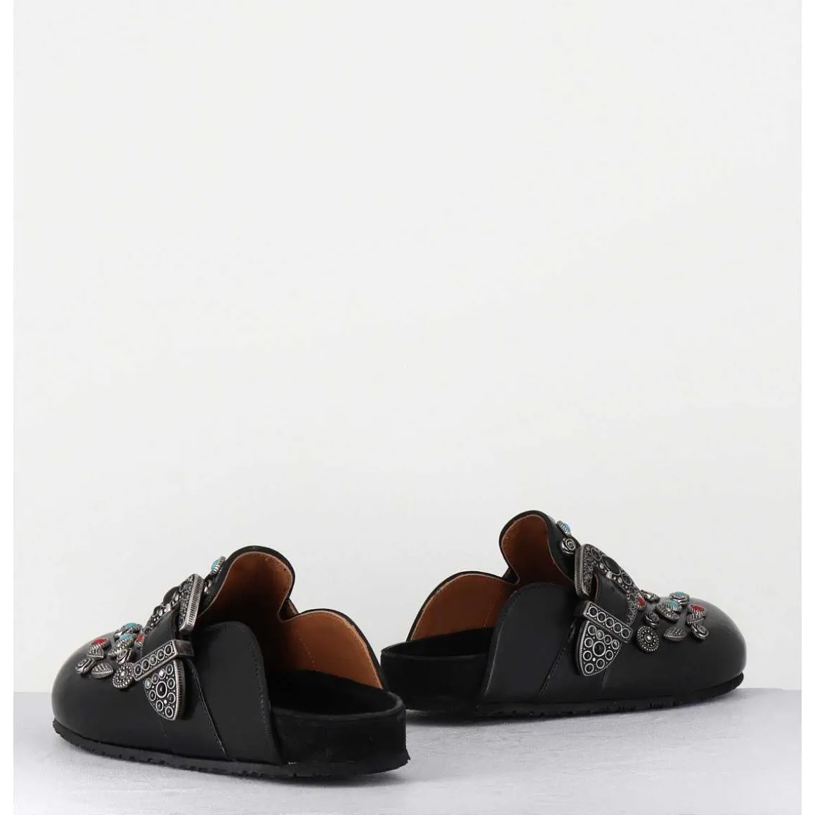 Sabots Plats En Cuir Noir Ornees De Pierres - 3602Mod Nero