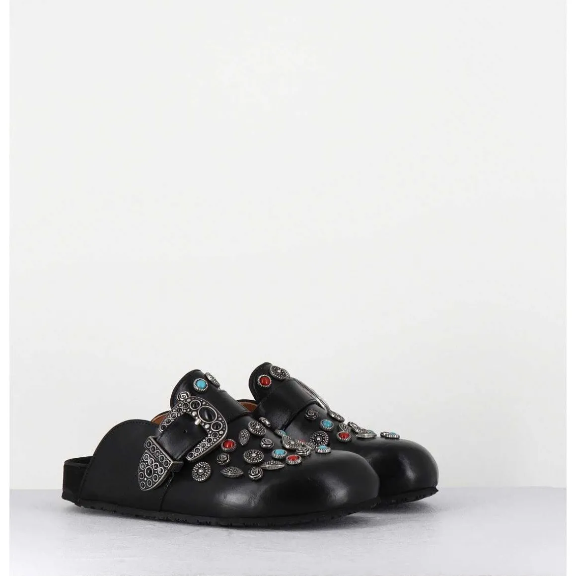 Sabots Plats En Cuir Noir Ornees De Pierres - 3602Mod Nero