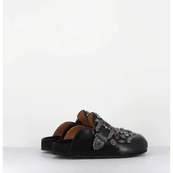 Sabots Plats En Cuir Noir Ornees De Pierres - 3602Mod Nero