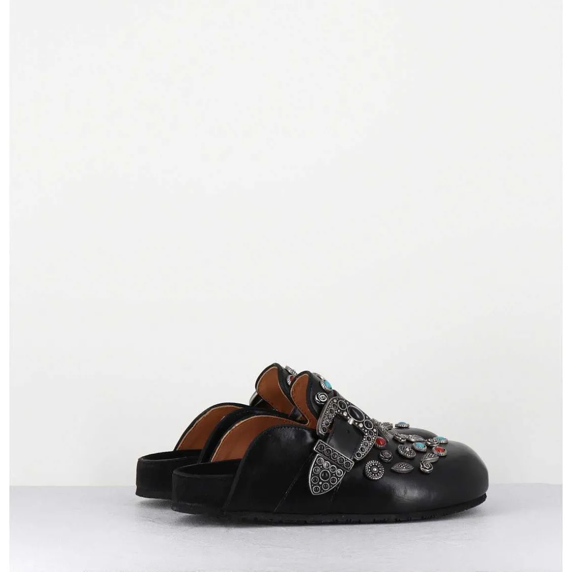 Sabots Plats En Cuir Noir Ornees De Pierres - 3602Mod Nero