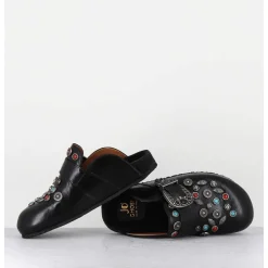 Sabots Plats En Cuir Noir Ornees De Pierres - 3602Mod Nero