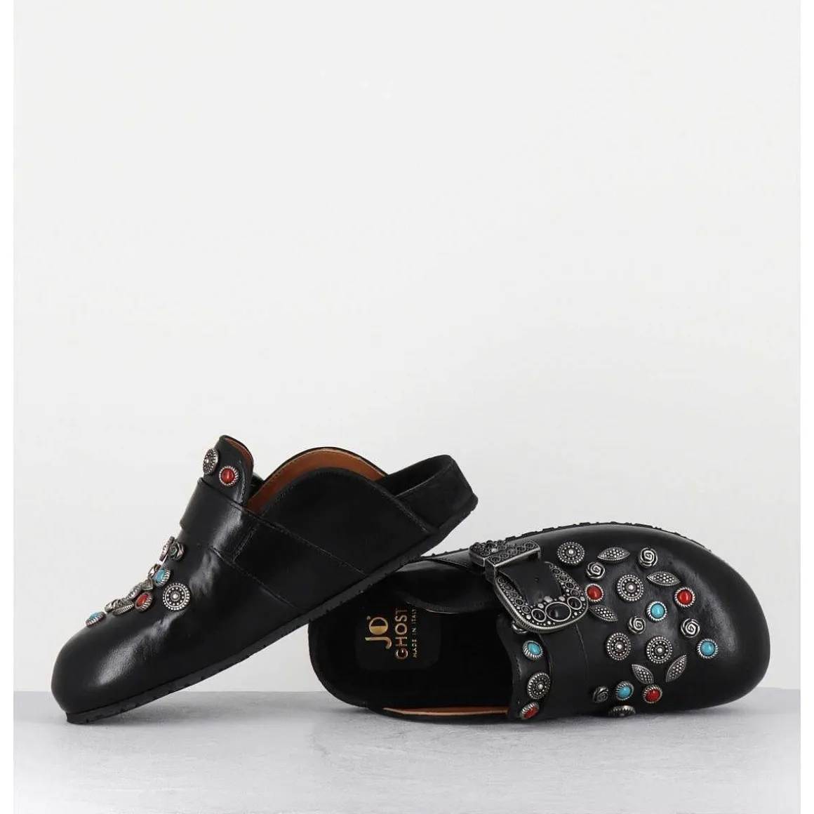 Sabots Plats En Cuir Noir Ornees De Pierres - 3602Mod Nero