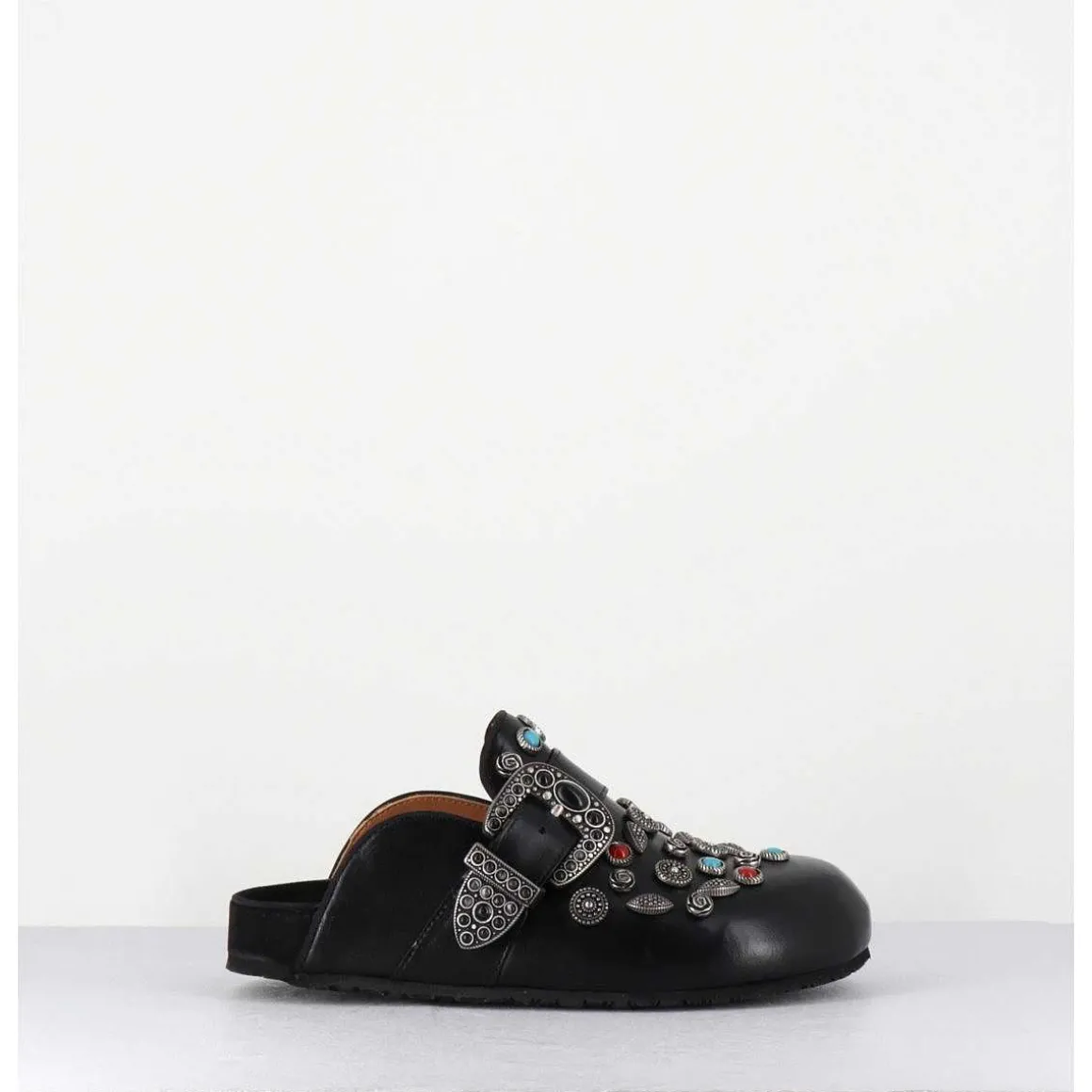 Sabots Plats En Cuir Noir Ornees De Pierres - 3602Mod Nero