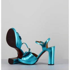 Sandales A Fleur En Cuir Metallise Bleu Talon Haut - Catina Citroen Sky