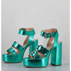 Sandales A Plateforme Cuir Metallise Vert & Boucles - Phile Cauli