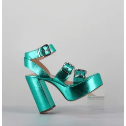 Sandales A Plateforme Cuir Metallise Vert & Boucles - Phile Cauli