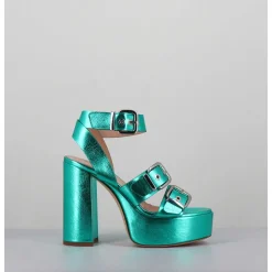 Sandales A Plateforme Cuir Metallise Vert & Boucles - Phile Cauli