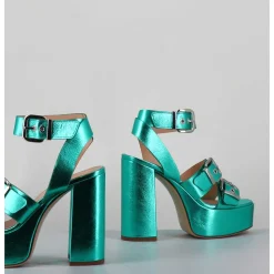 Sandales A Plateforme Cuir Metallise Vert & Boucles - Phile Cauli